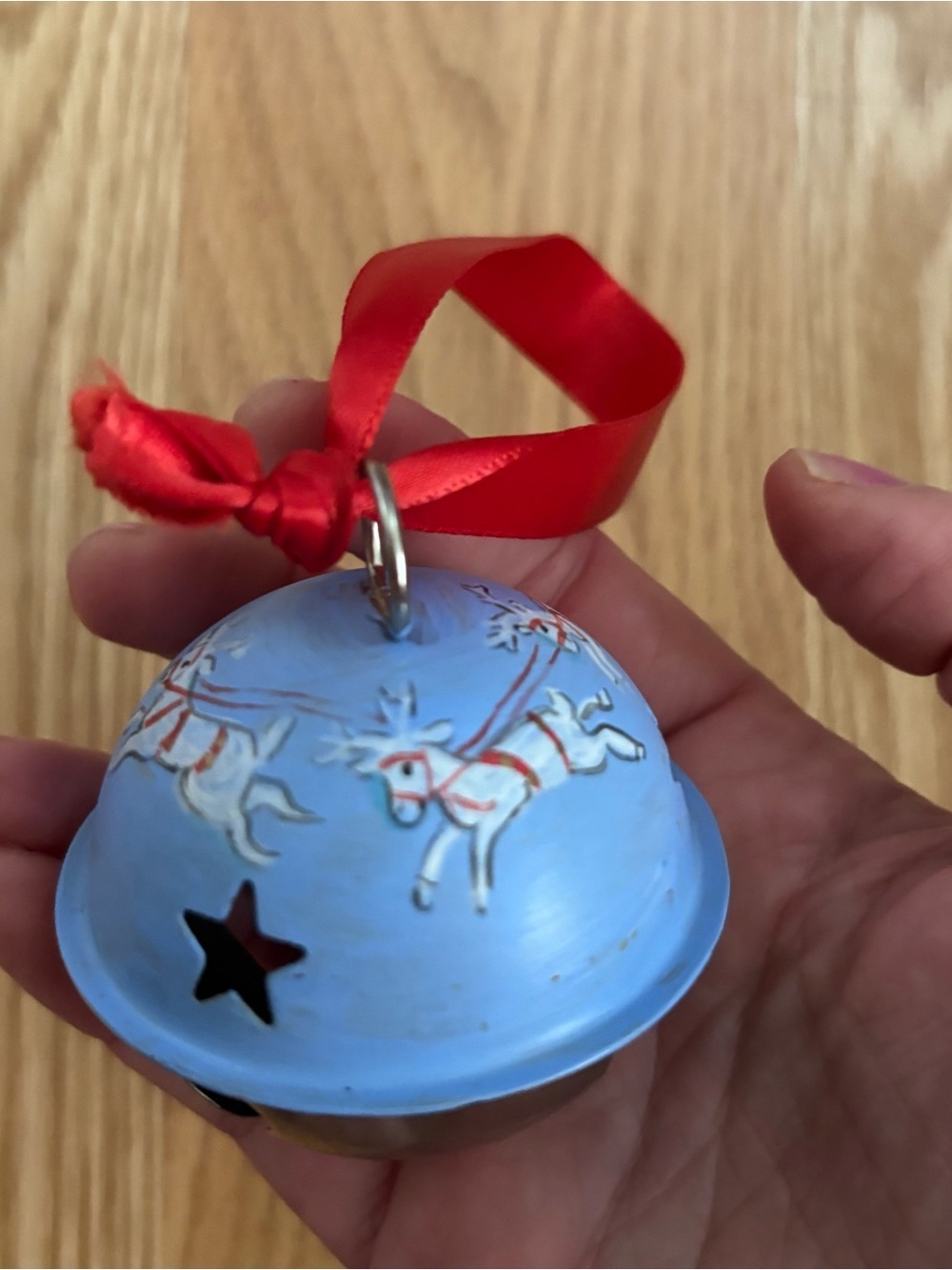 Vintage Hand Painted Metal Bell Christmas Ornament Santa Sleigh Christmas Star